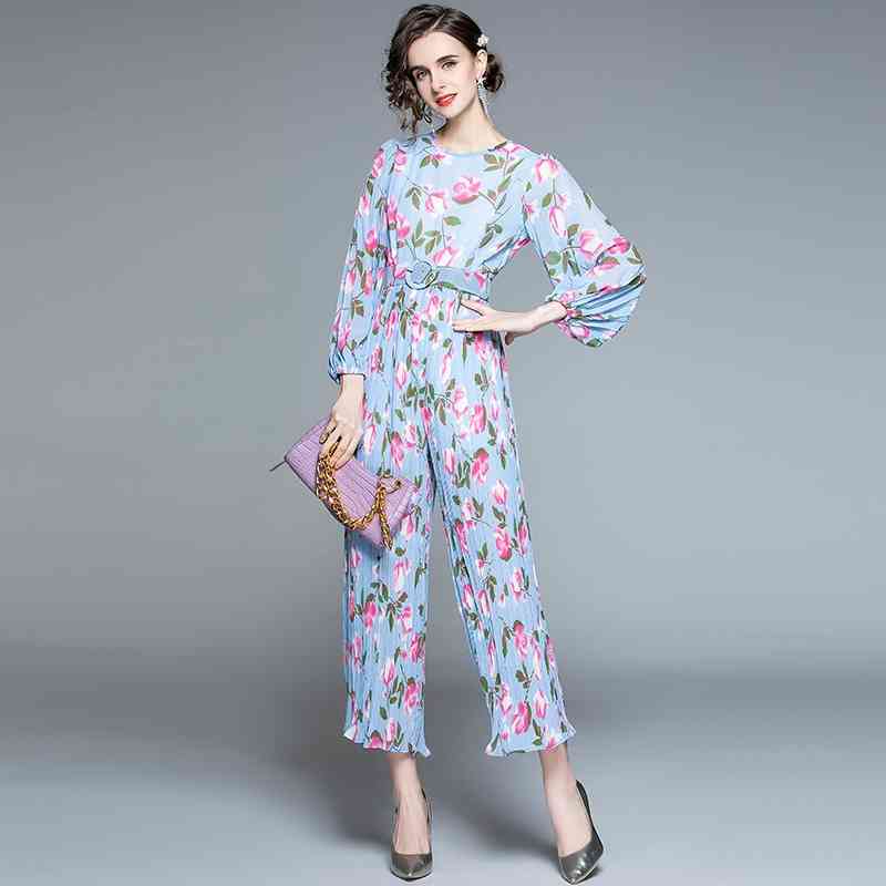 

Women Sexy Office Jumpsuit Floral Print O-Neck Long Sleeve Wide Leg Rompers Chic Chiffion Ladies Beachwear 210603, Blue