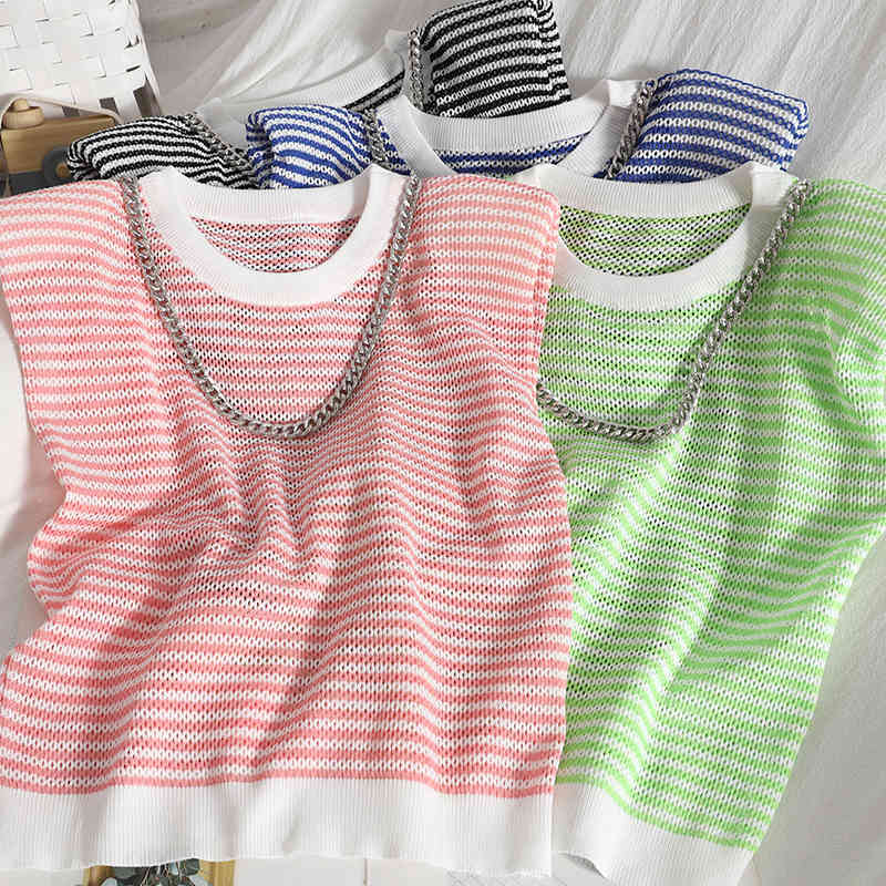 

Turtleneck chain round neck sleeveless vest sweater summer hollow Korean style color-blocking striped top women 210525, Black