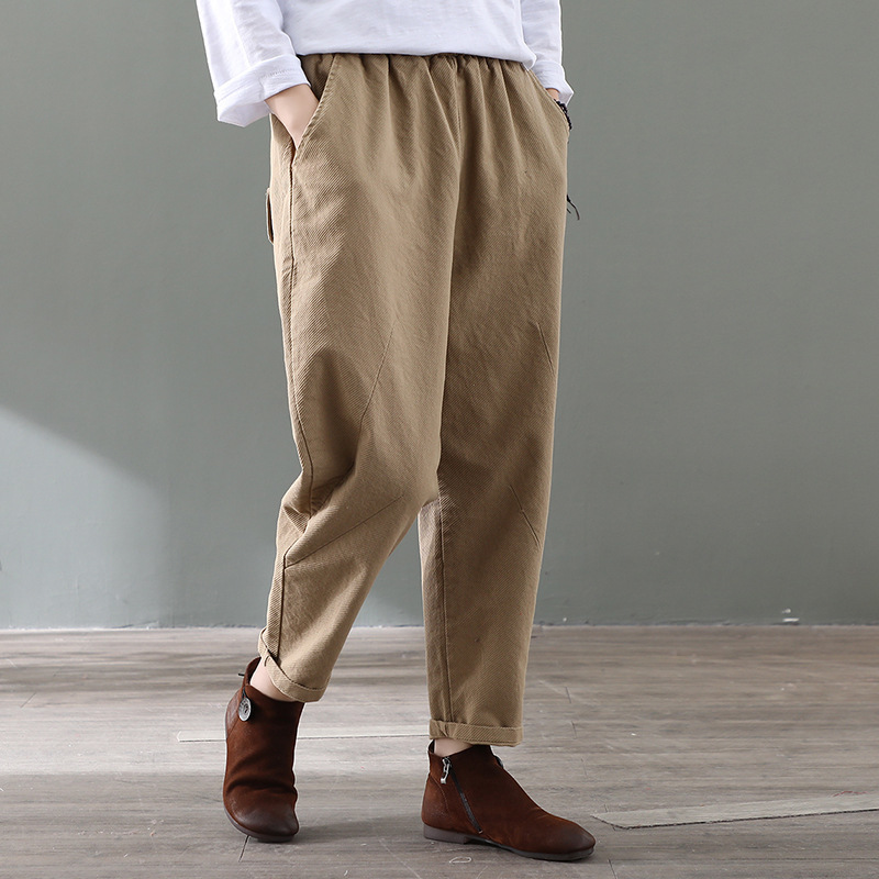 

Johnature Full Length 4 Color Patchwork Pockets Elastic Waist Cotton Harem Pants Autumn Women Leisure All-match Pants 210521, Brown