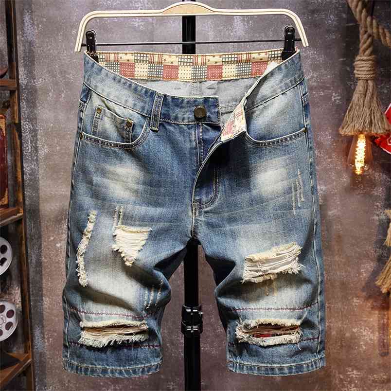 

Men's Retro Style Ripped Denim Shorts Summer Street Fashion Slim Hole Short Jeans Male Brand Clothes 210629, Blue