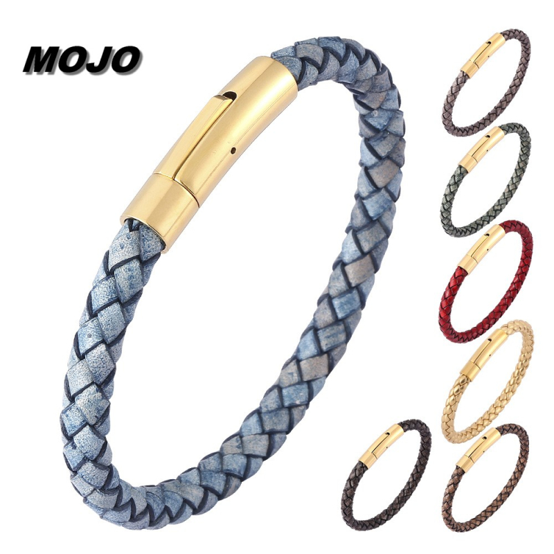 

Man Woman Couple Braid Genuine Leather Cuff Bracelet Gold Stainless Steel Button Buckle Bracelets