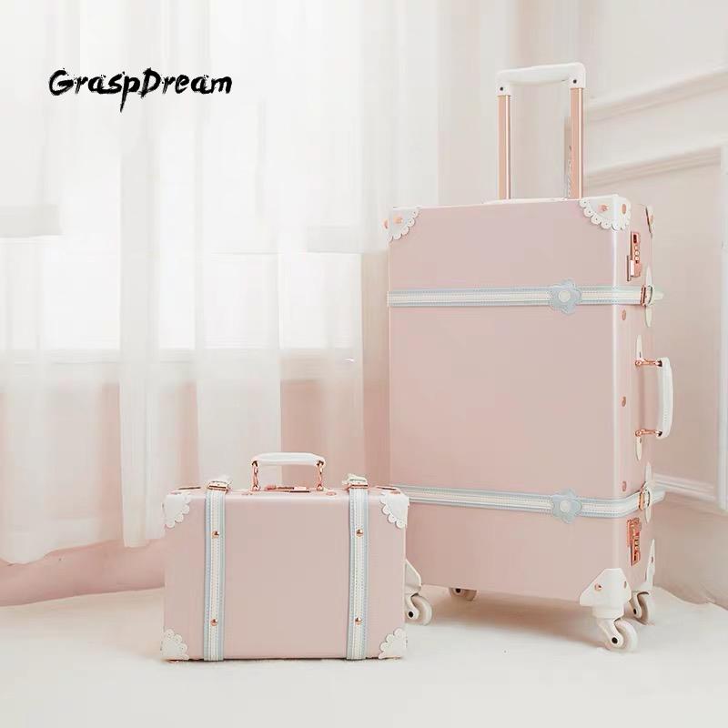 

Suitcases Vintage Luxury Travel Suitcase Set With Handbag Pu Leather Trolley Luggage Valise Women Cute Rolling 20/22/24/26 Inch
