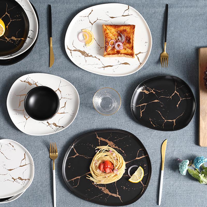 

Dishes & Plates Nordic Ceramic Special-shaped Meal Plate Creative Matte Color Glaze Marble Golden Texture Western Pizza Steak
