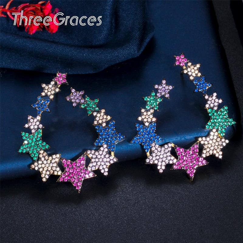 

Dangle & Chandelier ThreeGraces Luxury Multicolor Purple Red Cubic Zirconia Crystal Star Gold Color Big Earrings Female Party Jewelry ER460, Silver