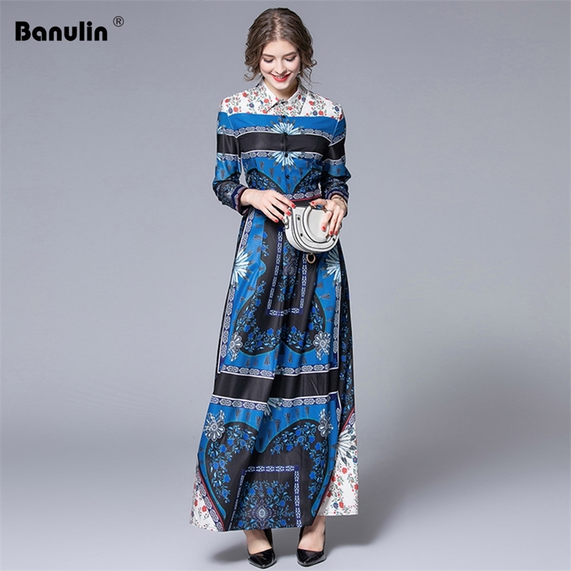 

Autumn Vintage Overlay Flower Print Maxi Dresses Women Elegant Long Sleeve High Waist Slim Fit and Fkare Dress Vestido 210603, Blue