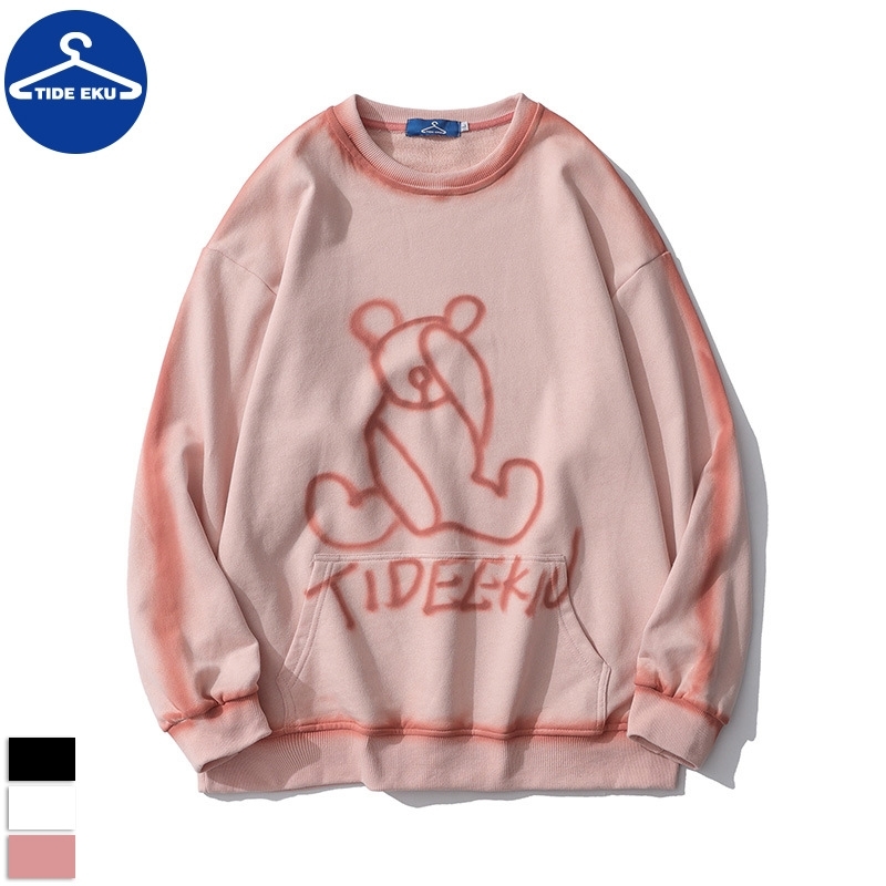 

Tideeku bear hand-painted sweater female simple cotton loose pink large size fat mm couple student male, White