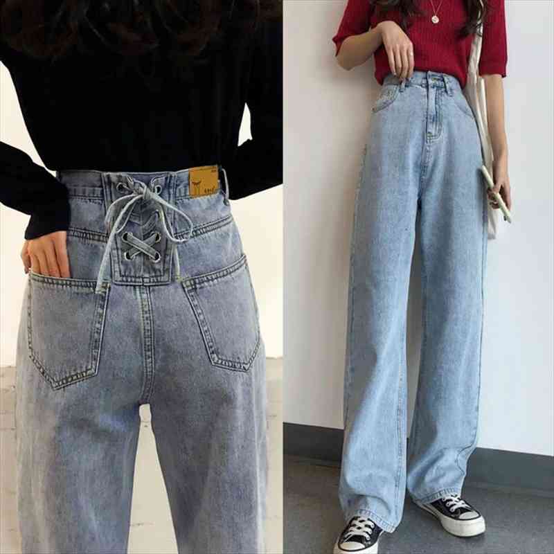

baggy blue cotton denim womens jean pants lace up casual loose multi-size spring autumn vintage wide leg trousers