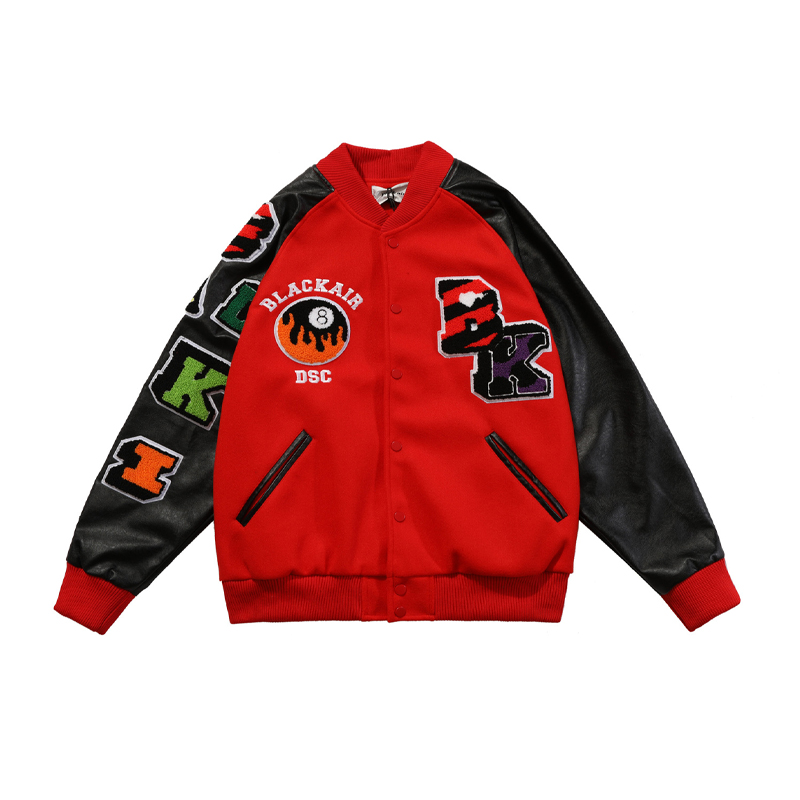 

Mens High Street Vintage Baseball Jackets Towel Embroidery Armband Letter Splice Varsity Jacket Winter Oversized Coat Couple, Red
