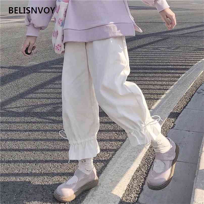 

Japanese Lolita Style Spring Summer Women Pants High Waist Loose Female Trousers Cute Kawaii Sweet Preppy Capris 210520, Dark blue