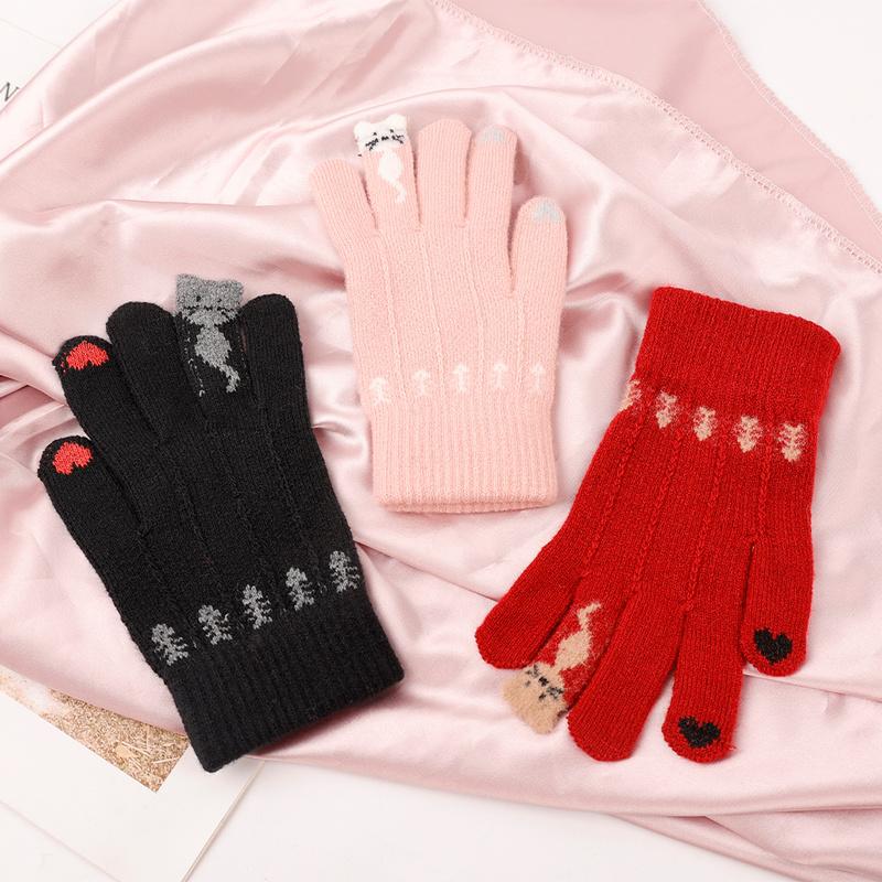 

Five Fingers Gloves Warm Winter Knitted Full Finger Mittens For Women Cute Cartoon Cats Touchable Screen Christmas Present
