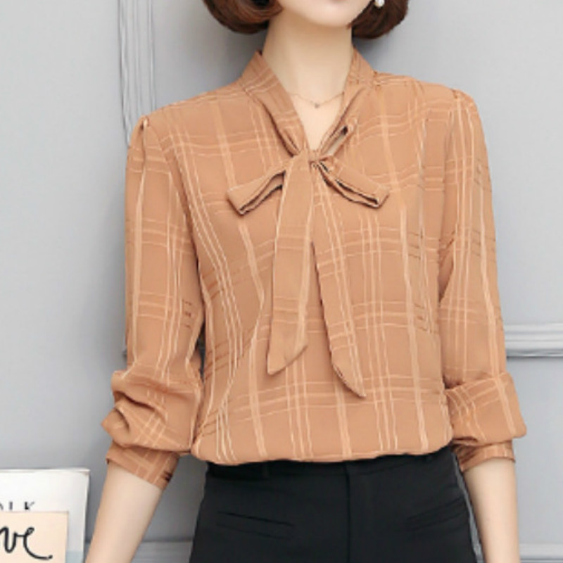 

blouse women summer long sleeve bow office work V neck womens blouses shirt female blusas tops woman shirts Plus size 210519, White