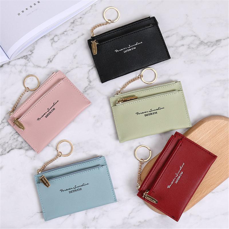 

Card Holders Small Wallet Package Soft Leather Credit ID Holder Business Cover Women Zipper Slim Coin Purse Change Case Keychain, Black
