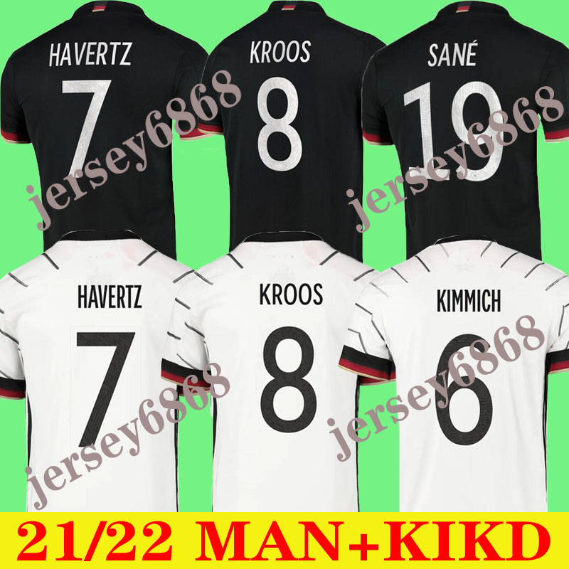 

2021 2022 KIMMICH Germany soccer jersey HAVERTZ SANE HUMMELS KROOS GNABRY WERNER REUS MULLER Cup match home white away black football shirt men+kids, Black;yellow
