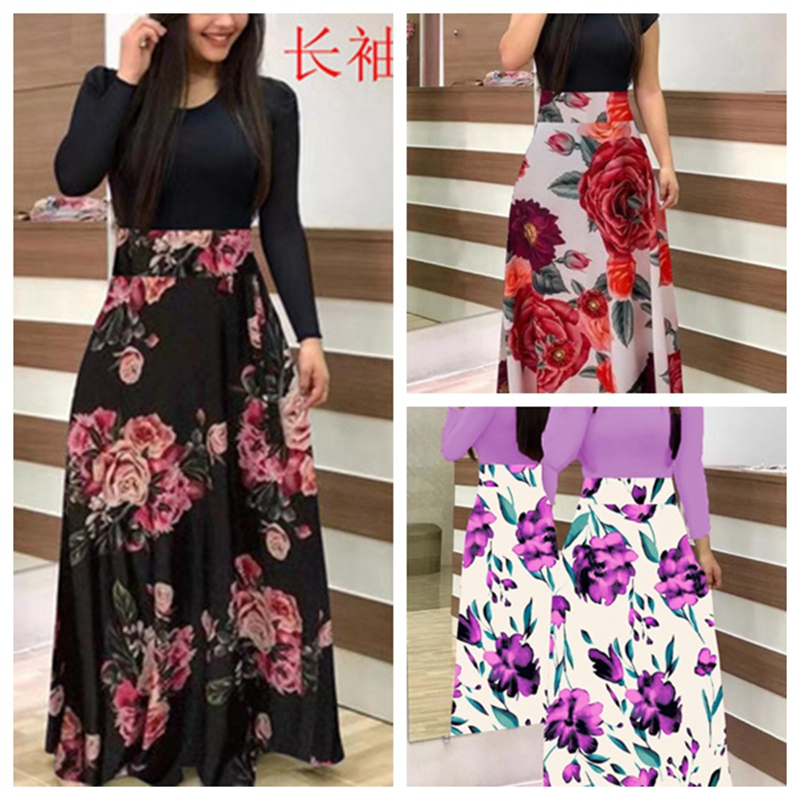 

2021 explosion-proof European round neck flower print dress, S, M, L, XL, XXL, multi-color multi-code, support mixed batch