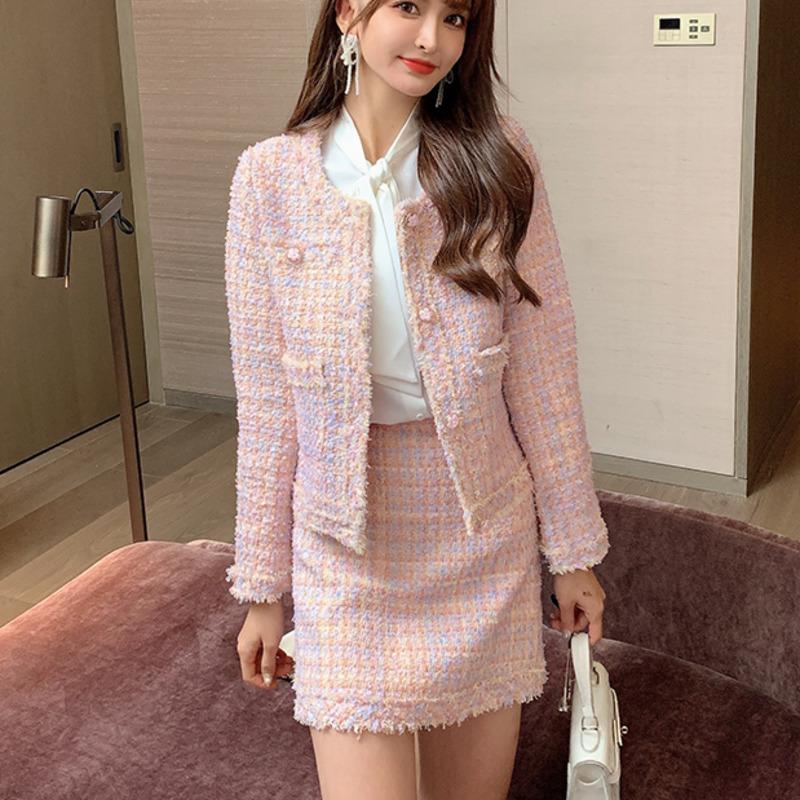 

Work Dresses High Quality Korean Fashion Vintage Tweed Two Piece Set Women Jacket Coat + Skirt Suits Fall Winter Small Fragrance 2 Sets, Pink