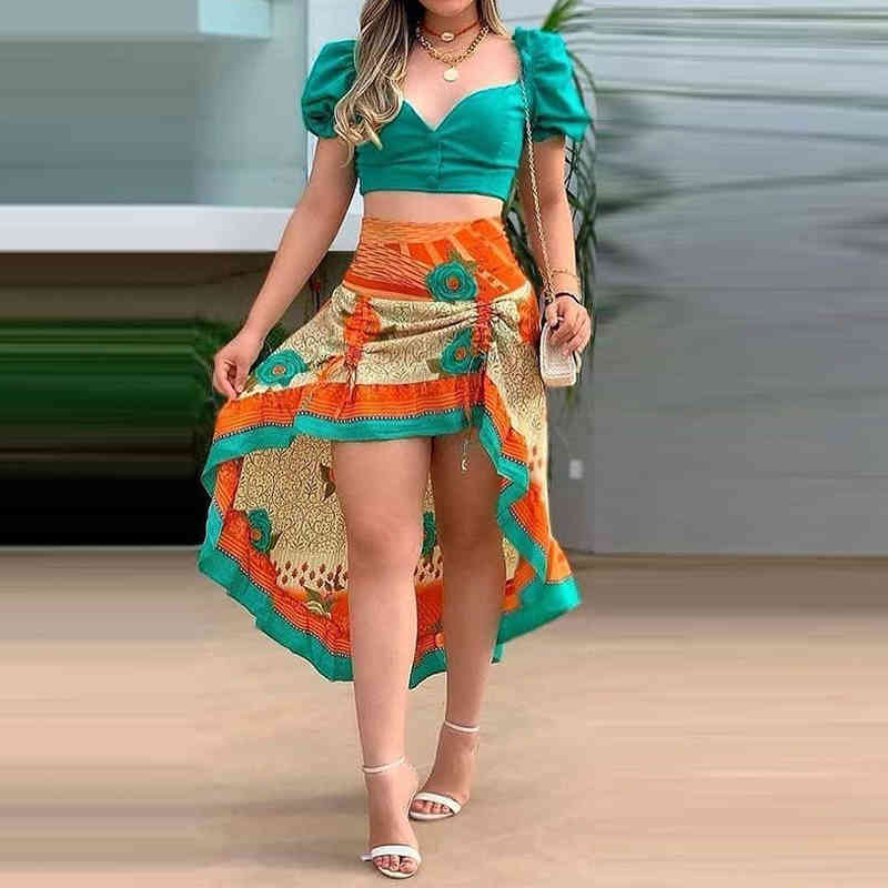 

Women Summer Flat Print Contrast Color Puff Sleeve V Neck Sexy Back Lace Up Top & Midi Skirt 2 Piece Set Dress Sets 210521, Multi