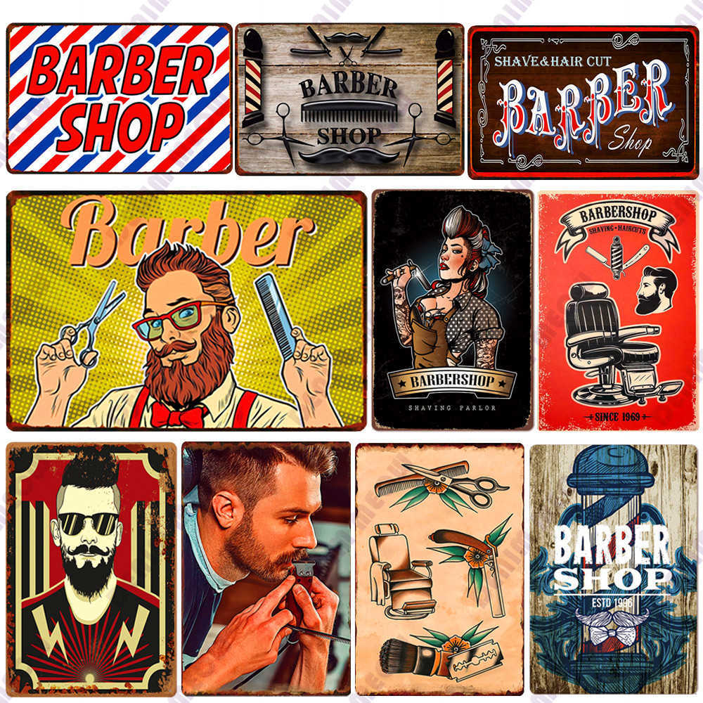 

Shaves and Haircuts Barber Shop Metal Sign Vintage Men's Hairstyle Tattoos Plaques Classic Iron Painting Bar Decoration