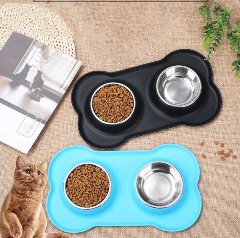 

Cat Bowls & Feeders Silicone Bone Double Dog Bowl Pet Pad Feeding Non-Slip Leakproof Dual-Use Mat Black And Blue