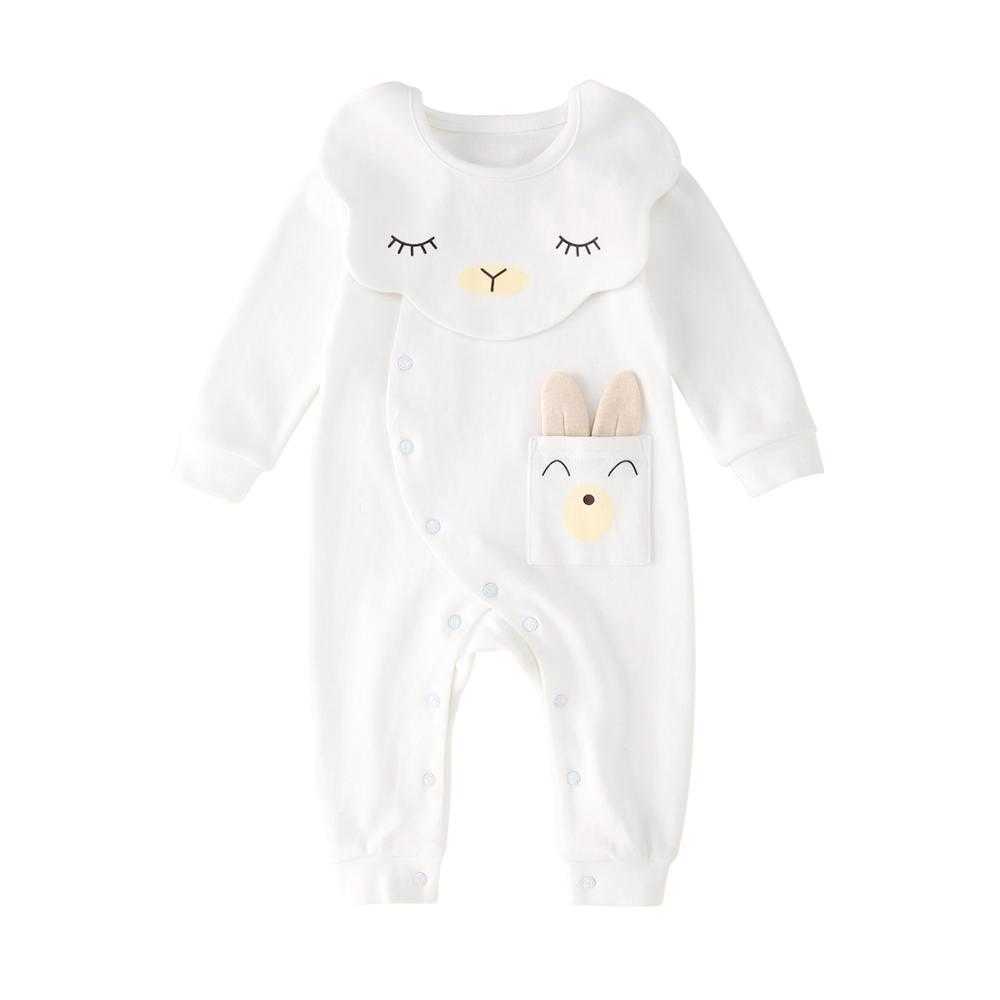 

Pureborn born Baby Girl Romper Cartoon Bunny Baby Jumpsuit With Removable Bib Long Sleeve Spring Autumn Cotton Baby Clothes 210722, White bunny