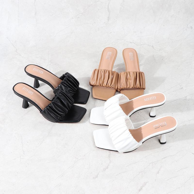 

Slippers 2021 Summer Women Sandals Ladies Brand Design Pleated Slip On Black White Nude Sexy Square Toe High Heel Slide, 3208-2-white