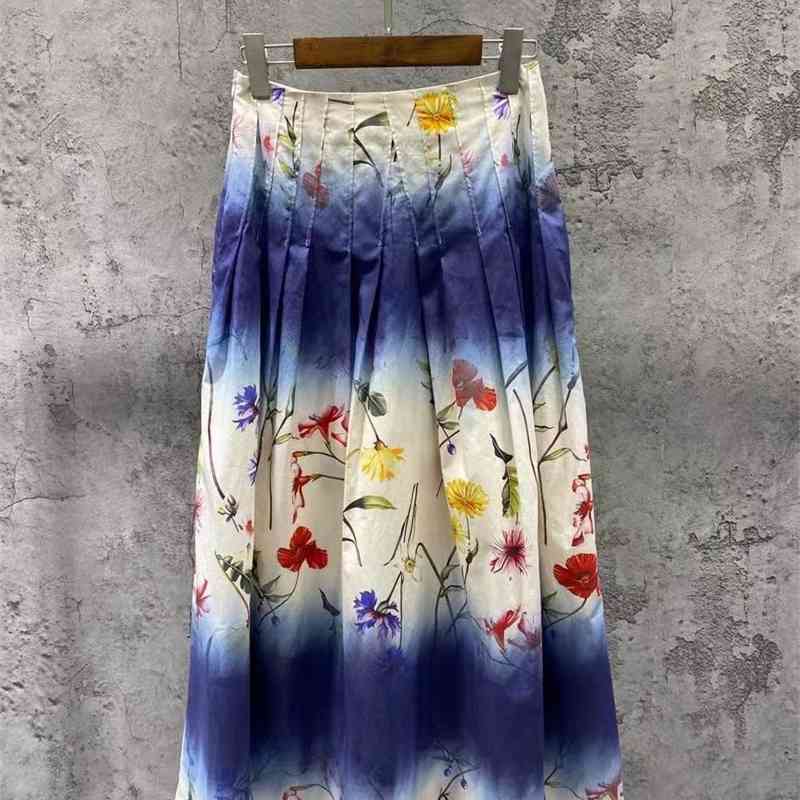 

Truevoker European Fashion 100% Cotton High Street Party Skirt Women's Elegant Blue Flower Print Midi Holiday 210602