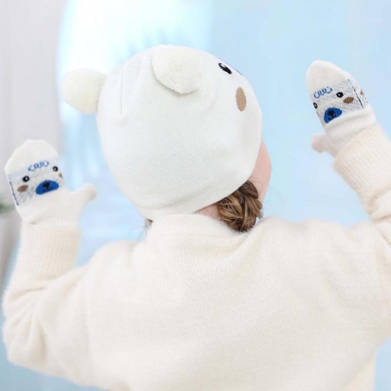 

Berets 1 Set Cute Warm Pompoms Cap Kids Hat Gloves Children Bear Pattern, White