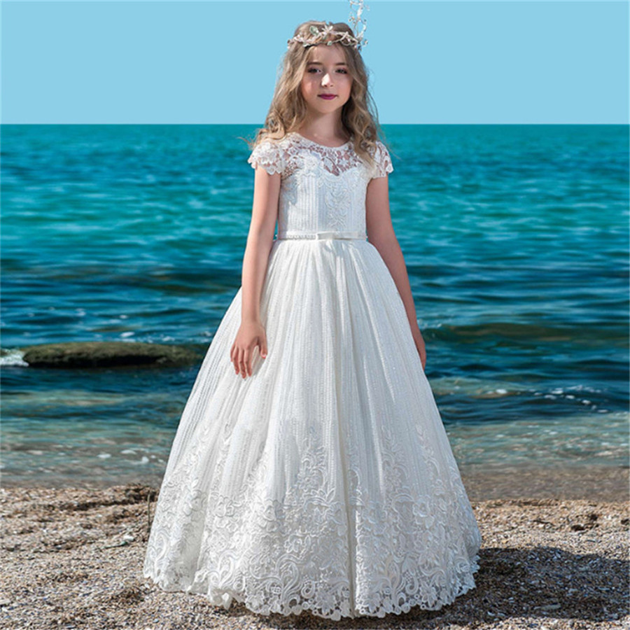 

Short Sleeves White Flower Girl Dresses for Wedding Birthday Party, Ivory