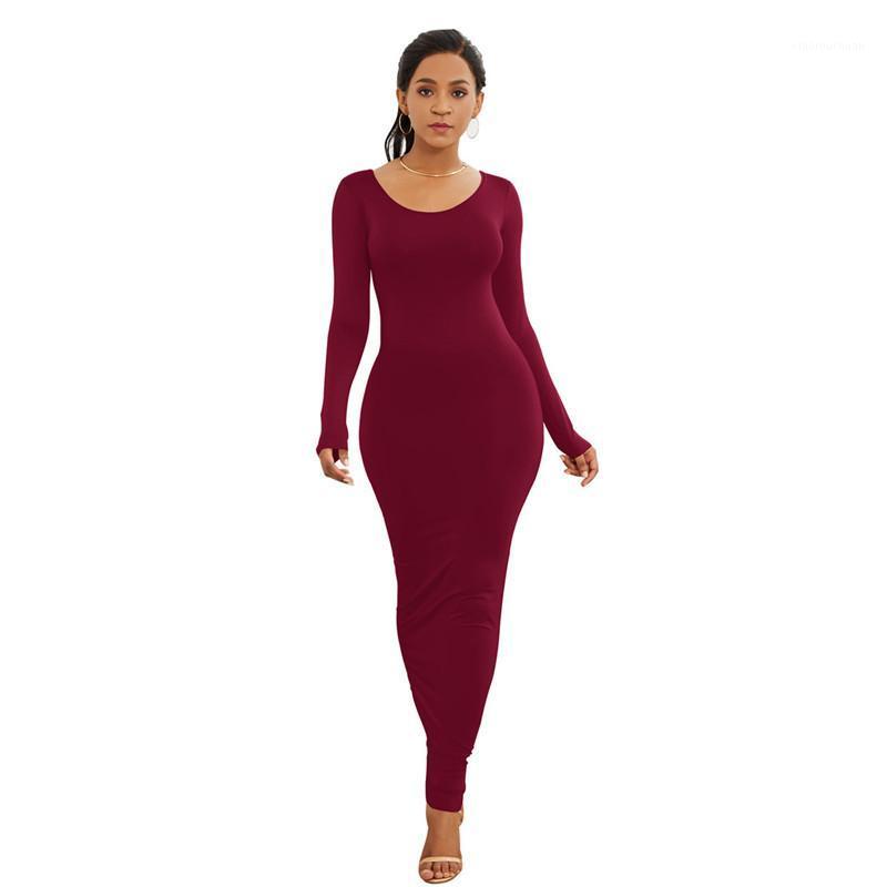 

Long Sleeve Bodycon Women Dresses Solid Color Autumn Vintage Party Club Dress Casual Female O-Neck Slim Maxi, Yd1113 yellow