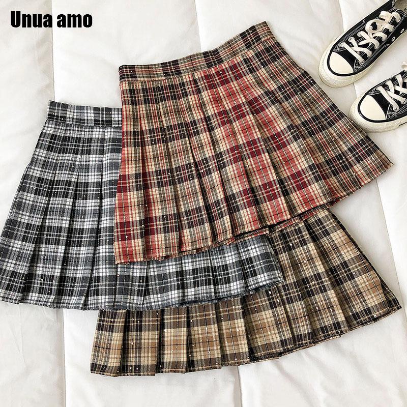 

Skirts Unua Amo 2021 Vintage Plaid Women Fashion Wild Casual Harajuku Cute Pleated Skirt Summer A-line High Waist Mini, Green 1