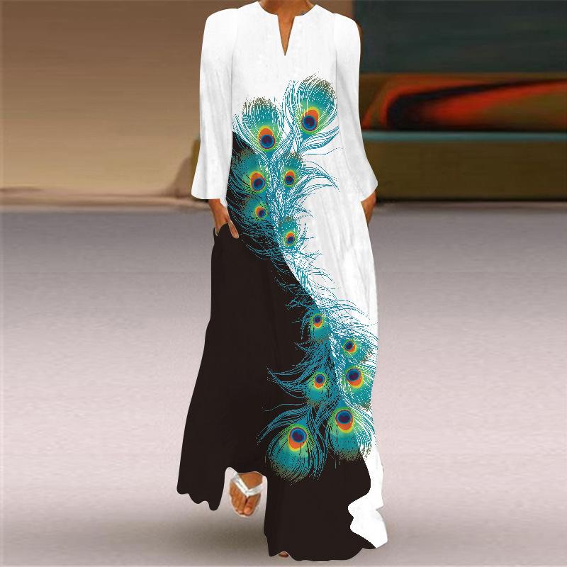 

Casual Dresses Autumn Peacock Print 2022 Women Plus Size Long Sleeve V-Neck Maxi Dreeses Loose Flowy Party Dress Vestido -5XL, Black