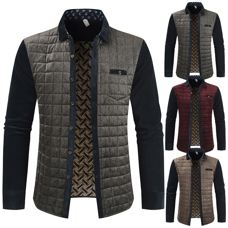 

Patchwork Plaid Designer Jackets Fleece Men Outerwear Winter Coat Fashion Spring Male Clothing, Dark khaki