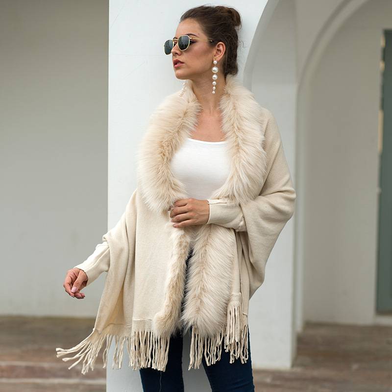 

2021 Autumn winter European American fringed Cape shawl wool collar Cape pure color cardigan sweater MY19041g