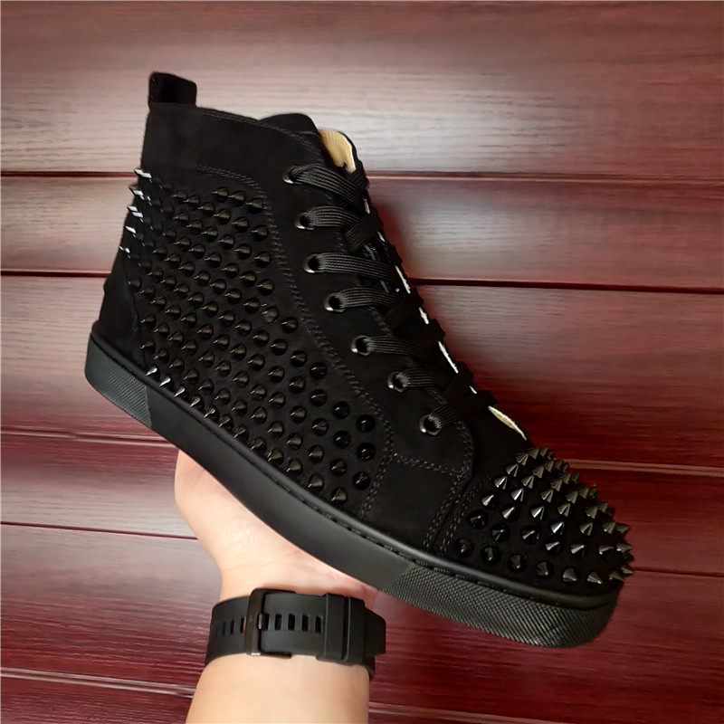 

2023 Red Bottom men shoes Hight Cut Junior Spikes Flats Casual Shoes Blue Black White Diamond Top Quality Men Women Leather Sneakers With