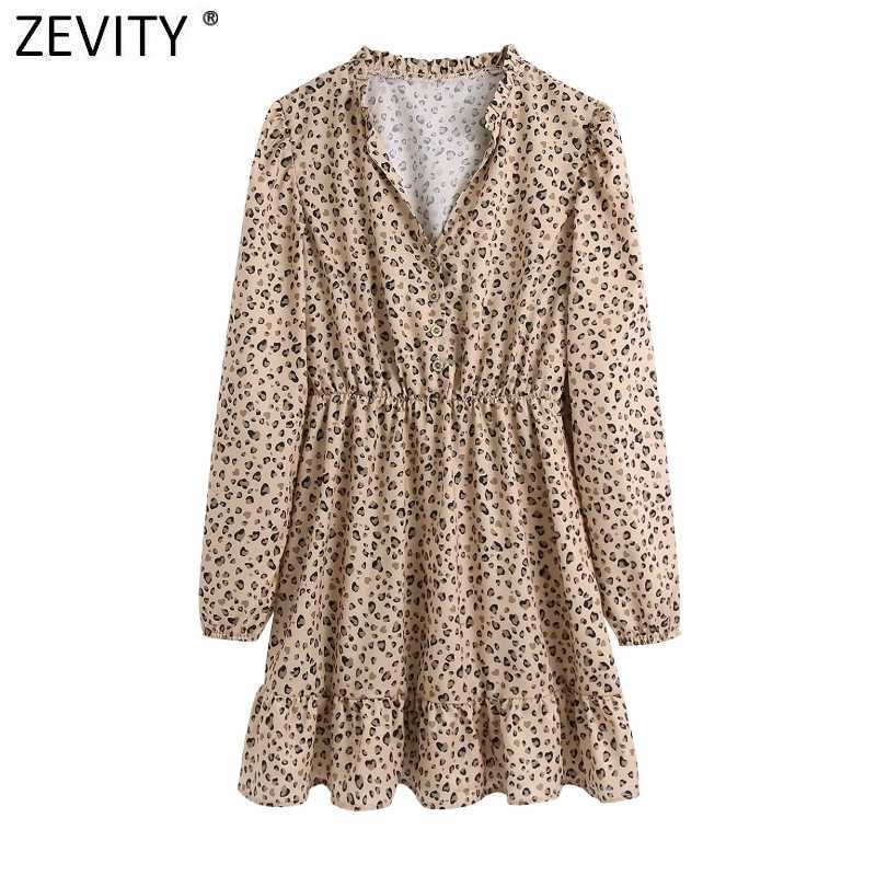 

Zevity Women Vintage V Neck Leopard Print Hem Ruffles Mini Dress femme Puff Sleeve Pleat Ruffles Vestido Chic Dresses DS5073 210603, As pic ds5073bb