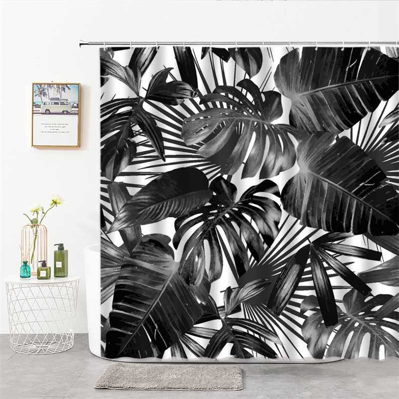 

Plant Leaves Shower Curtains Black White Palm Leaf For Bathroom Decor Curtain Washable Fabric Customizable Size Bathroom Things 211116