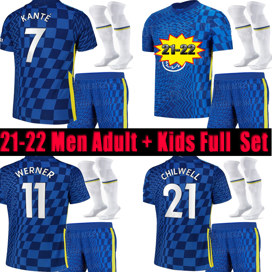 

2021 2022 Men Adult + Kids Soccer Jerseys Shorts Socks Full uniform Set kits WERNER HAVERTZ CHILWELL ZIYECH 21 22 PULISIC Football Shirt KANTE MOUNT child boys youth, 21 22 home set no patch