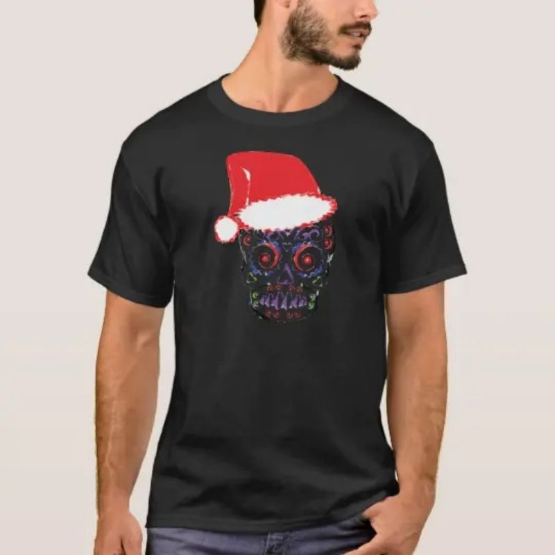 

Christmas hat skull pattern men's 3D printing T-shirt visual impact party shirt punk goth round neck high-quality American muscle style, White;black
