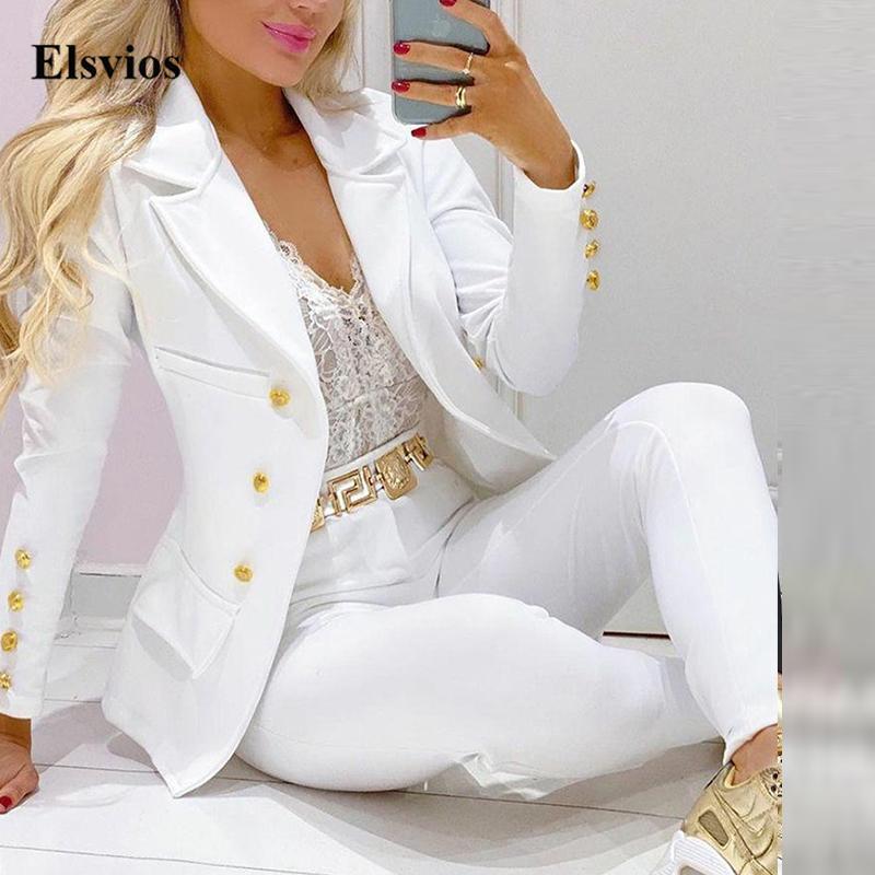 

Women's Two Piece Pants Elegant Long Sleeve Single-Breasted Suit Outfits Casual Solid High-Waist Pencil Sets Autumn Winter Women Coat 2 Piec, White