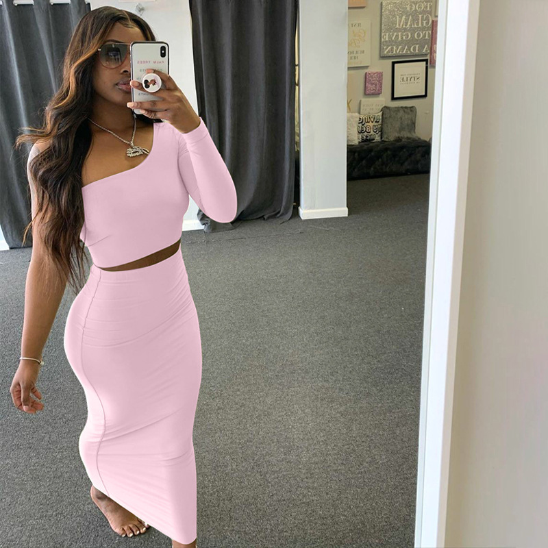 

2 Piece Set Skirt and One Shoulder Long Sleeve Crop Top Fall Clothes for Women 2021 Fashion Sexy Club Outfits D70-BD21, White