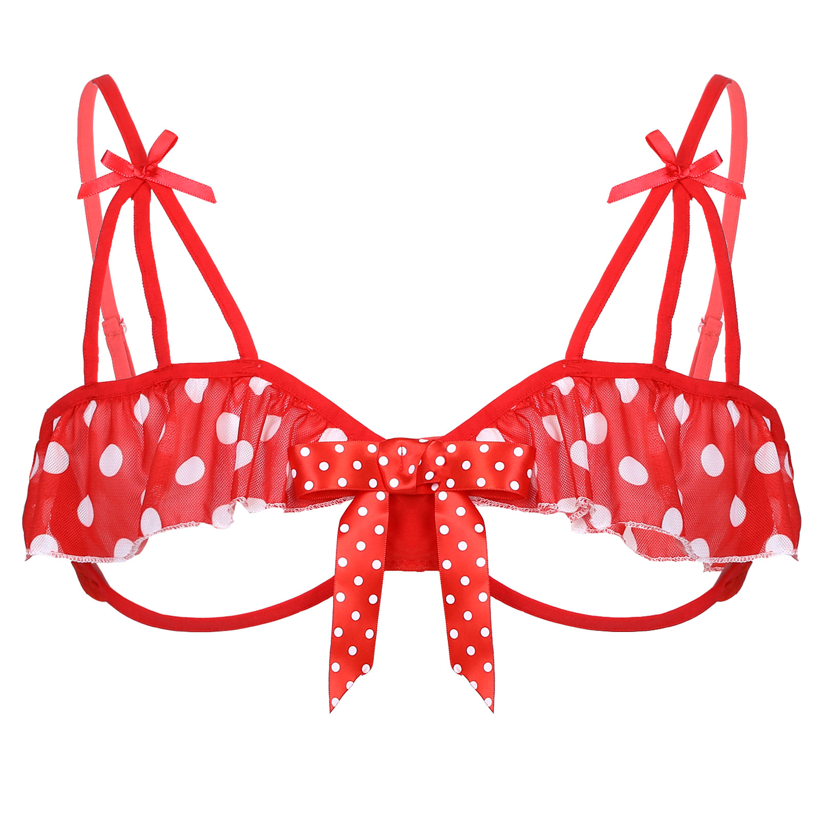 

Sissy Bra for Sexy Men Lingerie Bra See Through Sheer MeshAdjustable Spaghetti Shoulder Straps Half Cups Polka Dots Bra Tops