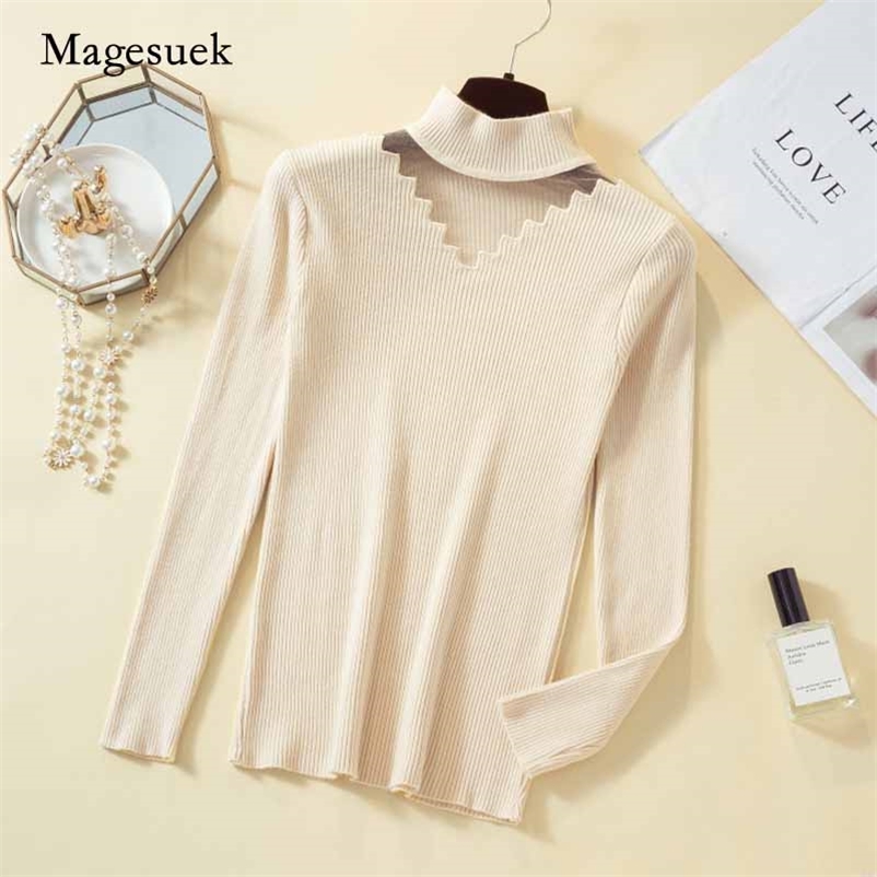 

Style Solid Long Sleeve Pullover Autumn and Winter Warm Women's Knitwear Hollow Turtleneck Sweaters 10381 210518, Black