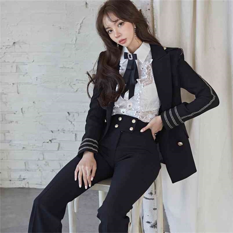 

Autumn Winter Women's pant suits Long Sleeved Stripes Wool Coat Jacket + Wide Leg Trousers Two Piece Pants Suit 210603, Picture color
