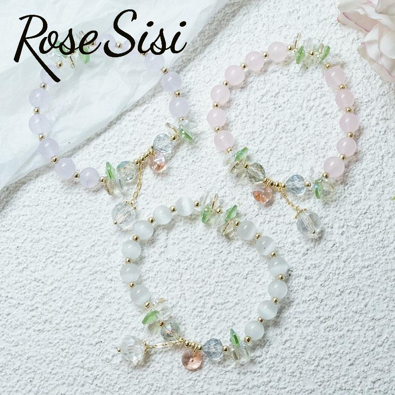 

Charm Bracelets Rose Sisi Summer Sweet Women's Candy Color Crystal Cat's Eye Beaded Fresh And Cute Student Bracelet For Women, Golden;silver