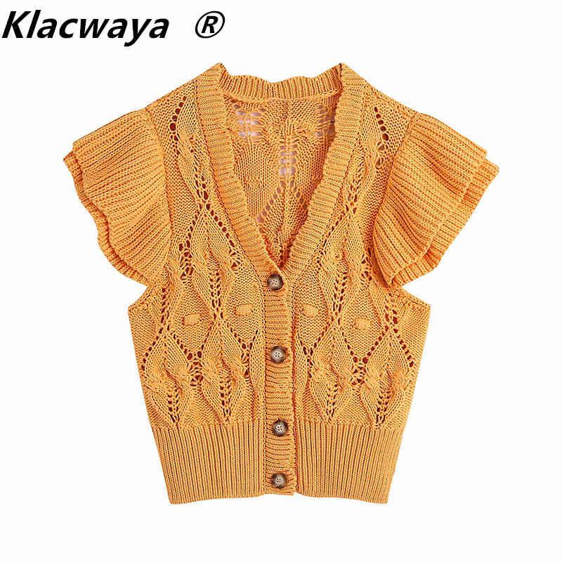 

Woman Sweet Hollow Knit Cardigan Ruffled V-Neck Knitted Vest Orange Single-Breasted Sleeveless Vests 210521