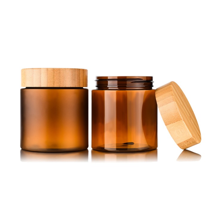 

Body Butter Cream Container Packaging Bottles 150ml 250ml Amber PET Cosmetic 8Oz Plastic Jar With Screw Cap Bamboo Wooden Lid