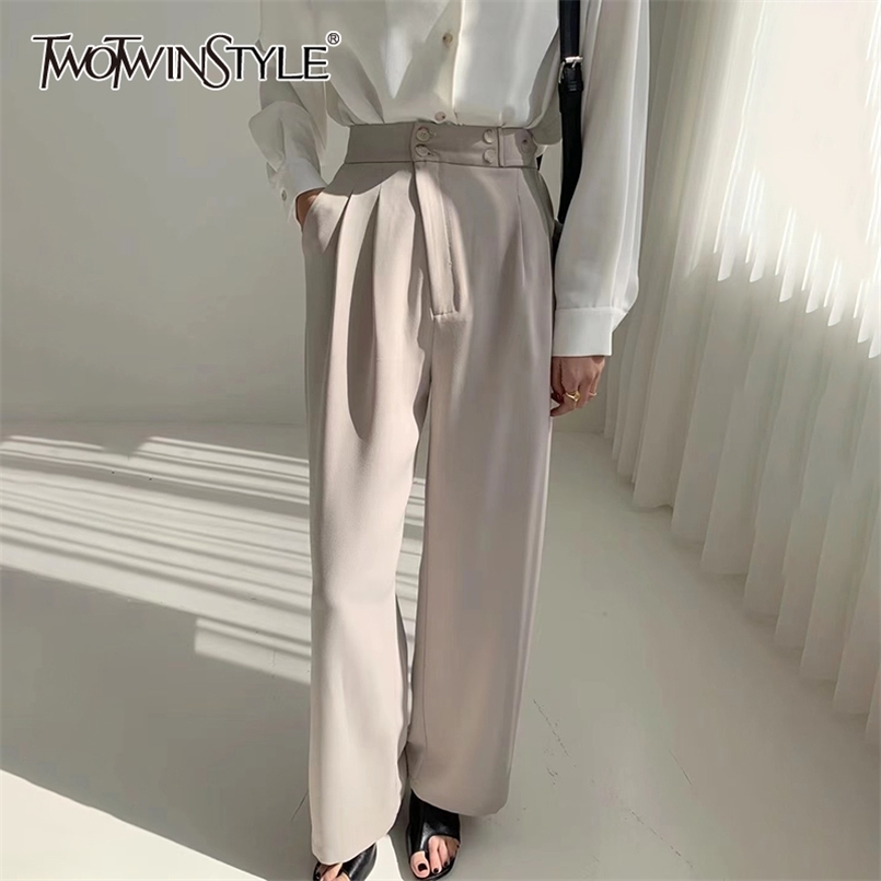 

Straight Casual Ruched Pants For Women High Waist Patchwork Wide Leg Trouser Female Fashion Clothing 210521, Apricot