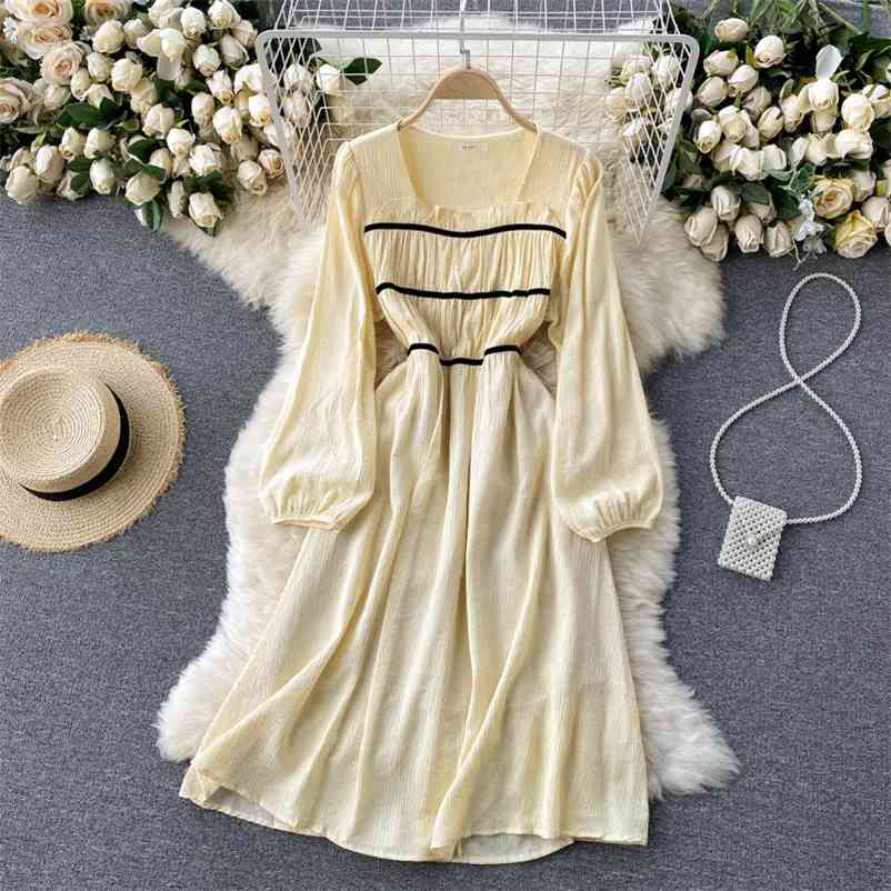

Women Puff Sleeve Lace Up Waist Dress Solid Color Square Collar Temperament Slim Fashion Spring Summer 11B745 210525, Yellow