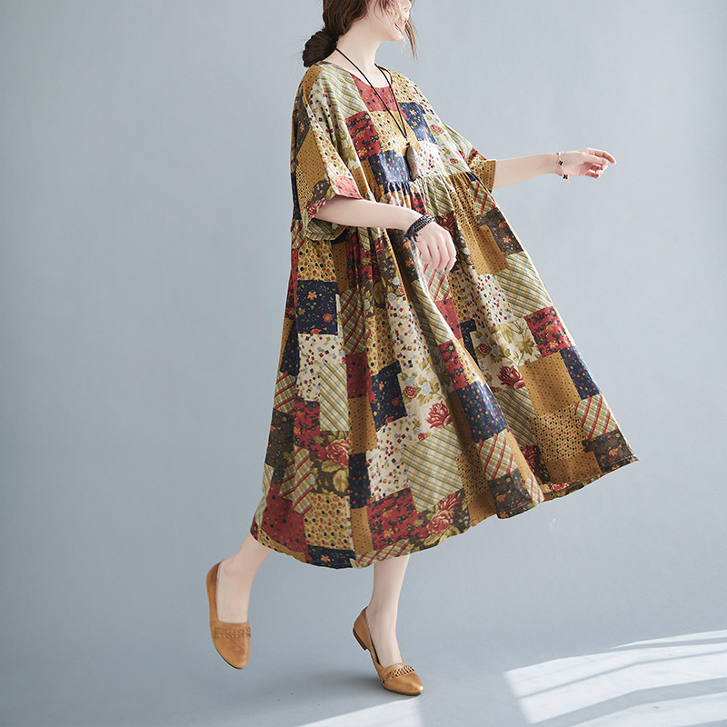 

Johnature Vintage Mid-Calf Dresses Casual Plaid Summer O-Neck Short Sleeve Loose Women Dresses 210521, Coffee