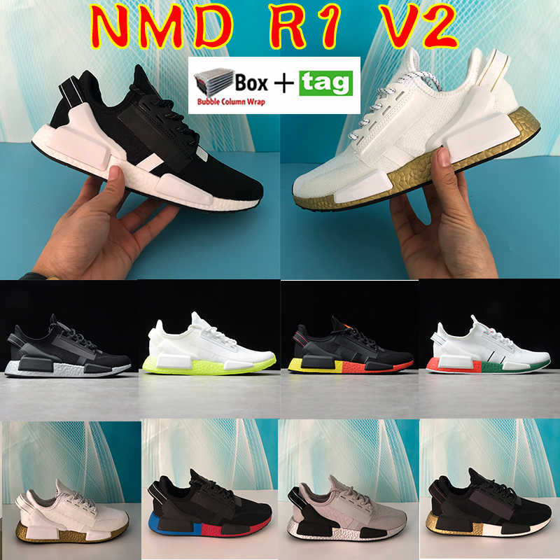 

2021 Nmd R1 V2 Runners Shoes Men Women Primeknit Running Sneakers Black White Blue Orange Mexico City Metallic Gold Trainers With Box, Customize