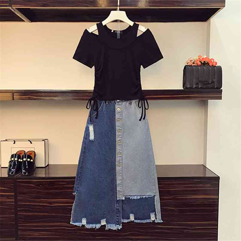 

Fake two O-neck Strapless Drawstring Black Tshirt 2 piece Set Female Summer Color block Irregular splicing Denim Skirt Suits 210602